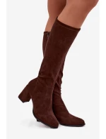 Dámské kozačky na podpatku z eko semiše čokoládové Yelisse