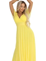 562-8 NASTIA Dlouhé šaty s výstřihem, kosticemi a krátkými rukávy - lemon limoncello