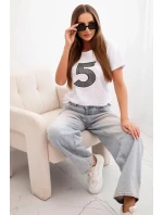 Dámská bavlněná blůza s krátkým rukávem a nášivkou s perličkami bílá