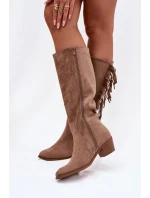 Dámské kovbojské kozačky s třásněmi a zateplením – khaki Firlina