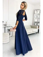 309-6 AMBER elegantní krajkové dlouhé šaty s výstřihem - ZELENÉ