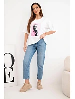 Dámská bavlněná oversize halenka s krátkým rukávem a módním potiskem bílá