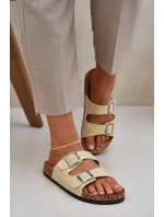 Materiálové pantofle na korkové podrážce s přezkami žluté Atera