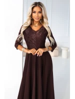 309-14 AMBER elegantní dlouhé krajkové šaty s výstřihem - čokoládové