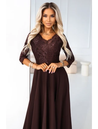 309-14 AMBER elegantní dlouhé krajkové šaty s výstřihem - čokoládové