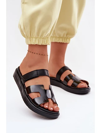 Kožené dámské pantofle na suchý zip černé Lemela