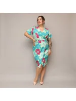 Zeleno-fuchsijové přeložené obálkové dámské květované šaty v délce ke kolenům (742) Zeleno-fuchsijové přeložené obálkové dámské květované šaty v délce ke kolenům (742)