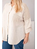 Dámská bavlněná košile Plus Size s límečkem a krajkovou vsadkou béžová