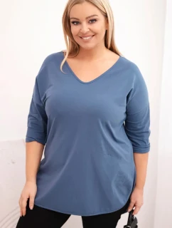 Dámská bavlněná blůza Plus Size s V výstřihem a ohrnutým rukávem jeansová