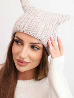 Dámská zimní čepice s vlnou v kočičím střihu z žebrovaného úpletu K419 béžová