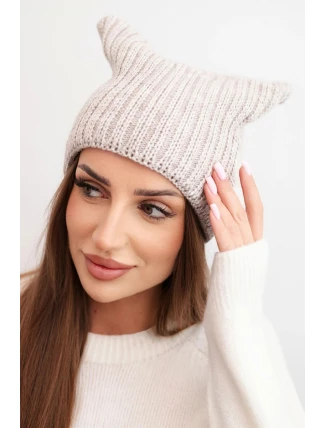 Dámská zimní čepice s vlnou v kočičím střihu z žebrovaného úpletu K419 béžová