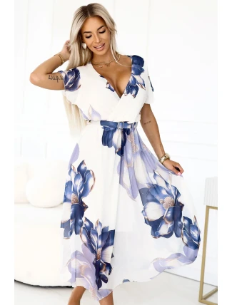 601-1 Vzdušné midi šaty s obálkovým výstřihem a velkým květinovým vzorem - modré odstíny 601-1 Vzdušné midi šaty s obálkovým výstřihem a velkým květinovým vzorem - modré odstíny