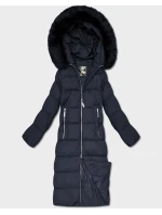Tmavě modrá dlouhá dámská zimní bunda s kapucí (7688)