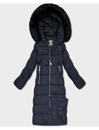 Tmavě modrá dlouhá dámská zimní bunda s kapucí (7688)