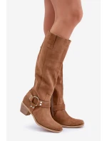 Semišové kozačky na nízkém podpatku s holeněmi nad kolenem Zazoo 3444/O Camel