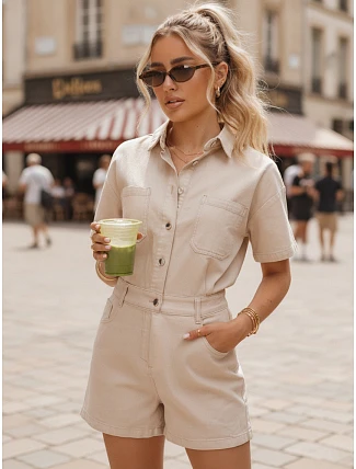 Dámská krátká džínová kombinéza s gumou v pase, béžová, FashionStreet EY2689 Dámská krátká džínová kombinéza s gumou v pase, béžová, FashionStreet EY2689