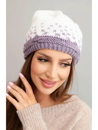 Dámská zimní čepice z vlny s geometrickým vzorem K477 bílá + fialová
