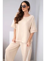 Dámský komplet máslový z viskózy mikina a kalhoty s lampasy béžový