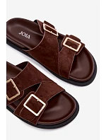 Dámské pantofle z imitace semiše s zlatými přezkami čokoládové Selissea