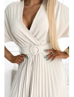 471-1 FELICIA Plisované midi šaty s výstřihem a širokým páskem - BEACH 471-1 FELICIA Plisované midi šaty s výstřihem a širokým páskem - BEACH