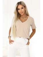 665-3 Dámská bavlněná halenka s výstřihem do V a krátkými rukávy - béžová