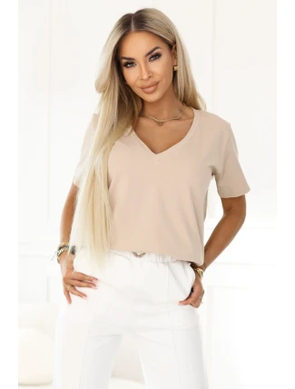 665-3 Dámská bavlněná halenka s výstřihem do V a krátkými rukávy - béžová
