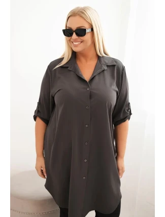 Dámská košilová šaty Plus Size s delší zadní částí a ohrnovacími rukávy grafitová
