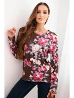 Dámská halenka z viskózy s květinami a dlouhým rukávem čokoládová Dámská halenka z viskózy s květinami a dlouhým rukávem čokoládová