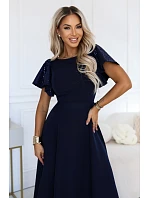 694-4 MIRELLA Elegantní maxišaty s rozšiřujícím se střihem a flitrovými rukávy – tmavě modré 694-4 MIRELLA Elegantní maxišaty s rozšiřujícím se střihem a flitrovými rukávy – tmavě modré