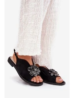 Dámské Sandály Na Plochém Podpatku S Ozdobou S.Barski KV27-001 Černé Dámské Sandály Na Plochém Podpatku S Ozdobou S.Barski KV27-001 Černé