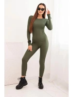 Dámský komplet z žebrované viskózy s dlouhým rukávem a legínami khaki