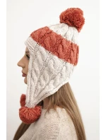 Dámská zimní čepice vlněná s bambulkami a ušima K447 béžová + hnědá