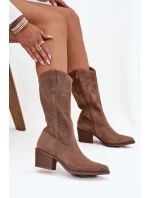 Ažurové Kozačky Damské Na Podpatku Tmavě Béžové Olivette