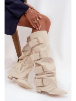 Dámské kozačky na sloupkovém podpatku s ohrnovaným svrškem a zlatými přezkami Isavelle – světle béžové