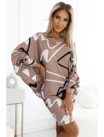402-8 Svetr pohodlné netopýří šaty s výstřihem - béžové s černobílým vzorem