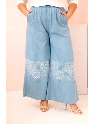 Dámské kalhoty Plus Size se širokými nohavicemi a etnickou výšivkou světle džínové