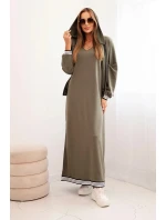 Dámský komplet s viskózou s rozepínací mikinou a dlouhou sukní khaki