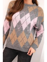 Svetr dámský s ajurem a kulatým výstřihem v diamond s vlnou šedý