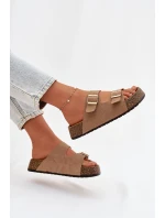 Dámské pantofle na korkové platformě se zlatými sponami tmavě béžové Tovessa