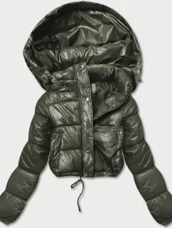 Krátká péřová bunda v khaki barvě typu crop (d2-3831-22)