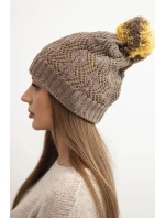 Dámská zimní čepice s vlnou v ozdobném pletení s bambulí K467 mocca