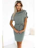 240-4 ROXI šaty s asymetrickou sukní a páskem - barva OLIVE