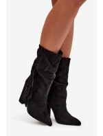 Zateplené dámské kotníkové boty na sloupkovém podpatku s třásněmi a řasením Darlina – černé