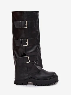 Dámské kozačky s teplou podšívkou se stříbrnými přezkami Isavine – černé