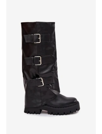 Dámské kozačky s teplou podšívkou se stříbrnými přezkami Isavine – černé Dámské kozačky s teplou podšívkou se stříbrnými přezkami Isavine – černé