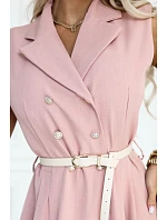 596-6 Elegantní midi košile se zlatými knoflíky a páskem – pudrově růžová