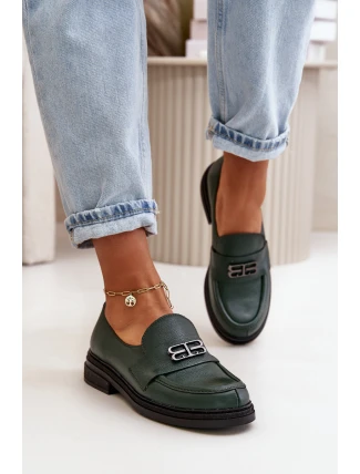 Zazoo 20174 Kožené Elegantní Polobotky Dámské Na Plochém Podpatku Tmavě Zelené