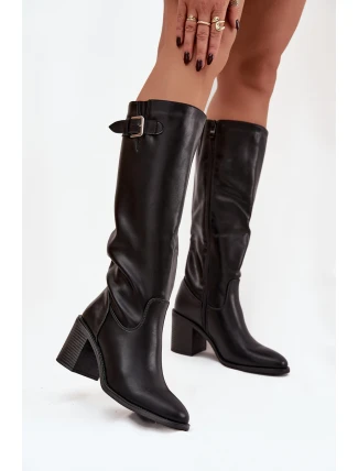 Dámské kotníkové boty Brenira na sloupkovém podpatku se sponou – černé