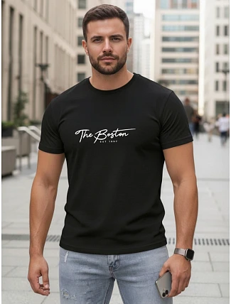 Pánské bavlněné tričko s potiskem „The Boston“, černé, FashionStreet NX5129R