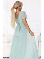 635-8 MELANIA dlouhé třpytivé šaty s výstřihem a krátkými rukávy - pistáciová barva